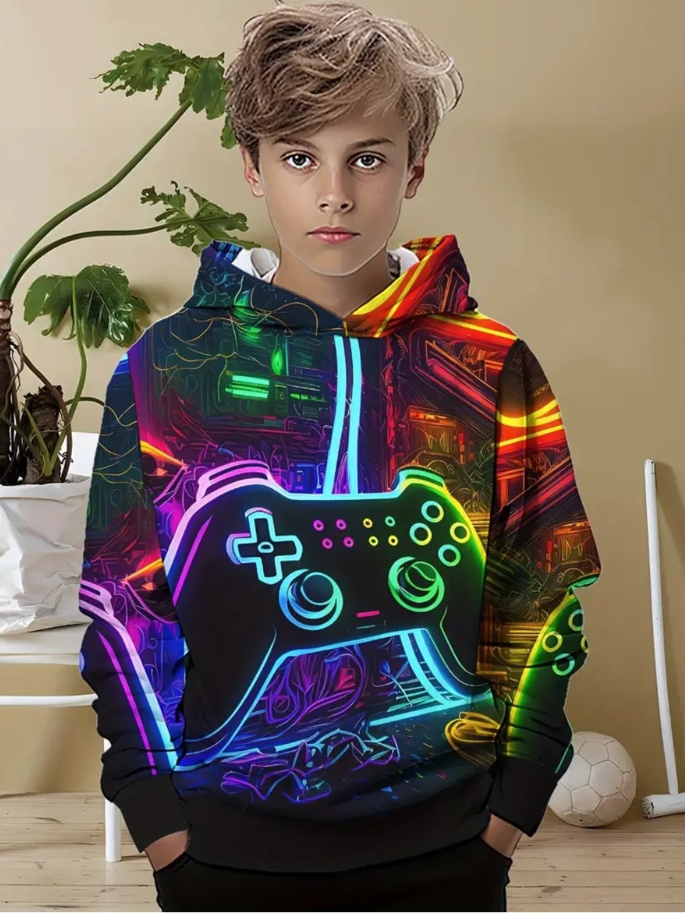 Neon Game Controller Hoodie - Multi-Color Gaming Pullover